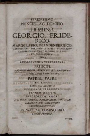 Serenissimo Principi Ac Domino Domino Georgio Friederico Marggrafio Brandenburgico [...]