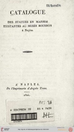 Catalogue des statues en marbre existantes au Museé Bourbon à Naples