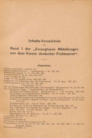 Inhalts-Verzeichnis für Band I der "Zwanglosen Mitteilungen aus dem Verein deutscher Freimaurer".