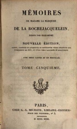 Mémoires de Madame la marquise de La Rochejacquelein : avec deux cartes et un portrait