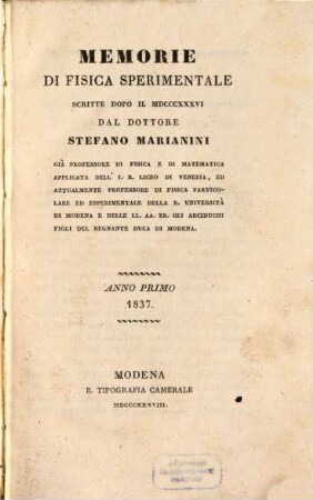 Memorie di fisica sperimentale, 1. 1837 (1838)