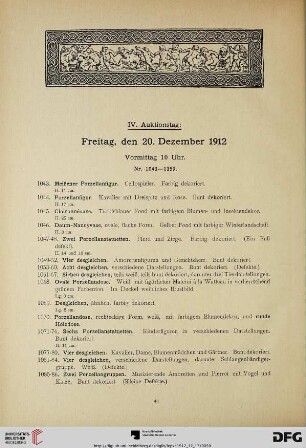 IV. Auktionstag: Freitag, den 20. Dezember 1912, Vormittag 10 Uhr (Nr. 1043-1359)