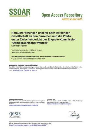 Herausforderungen unserer älter werdenden Gesellschaft an den Einzelnen und die Politik: erster Zwischenbericht der Enquete-Kommission "Demographischer Wandel"