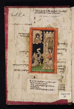 Aufgeklebter Zettel mit Inhaltsverzeichnis von der Hand der Kunigund Niklasin; Illustration Kolorierter Holzschnitt – Verkündigung, vor 1455