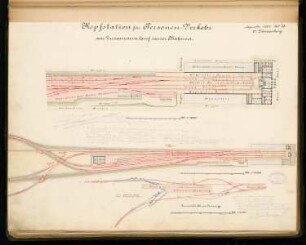 Kopfbahnhof Monatskonkurrenz Dezember 1881: Lageplan 1:2000 mit Gleisschema, Grundriss Erdgeschoss 1:1000; 2 Maßstabsleisten, Erläuterungstext