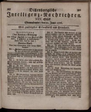 XV. Stück: Sonnabends: den 22. Junii 1776.