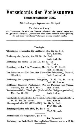 Verzeichnis der Vorlesungen Sommerhalbjahr 1927.