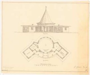 Straßenbahn-Wartehalle: Vorderansicht, Grundriss 1:100