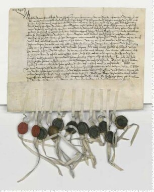 Schadlosbrief in Anlass der Bürgschaft des Lüneburger Rates in einer Lübecker Erbsache. Siegel der beiden Ratsmannen Diderick Prawest und Didrick Doringk sowie der Bürger Gerdt Struve, Hinrick Fresze, Sivert Mathias, Jürgen Hornemann, Hermann Schrader, Hieronimus Snitker, Lutke Bale, Lutke Wermers und Christoffer Jacobs.