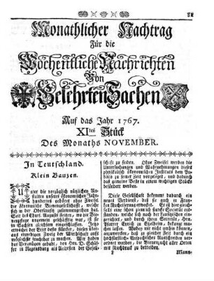 Monathlicher Nachtrag [...] Auf das Jahr 1767. XItes Stück Des Monaths November