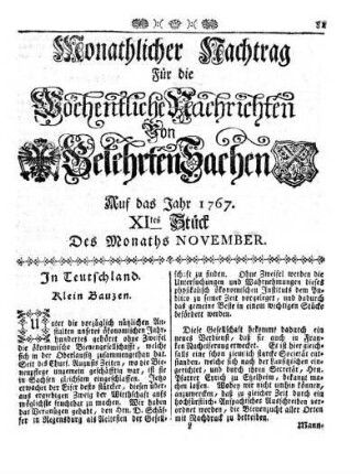 Monathlicher Nachtrag [...] Auf das Jahr 1767. XItes Stück Des Monaths November