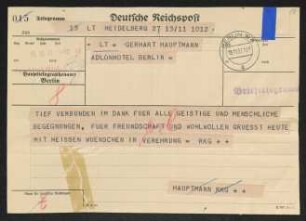 Brief von Rudolf K. Goldschmit-Jentner an Gerhart Hauptmann