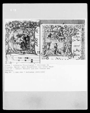 zwei Miniaturen aus einer Handschrift - Geburt Christi und die Vision des Ezechiel