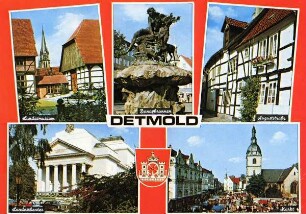 Postkarte. Detmold. Landestheater, Landesmuseum, Donopbrunnen, Auguststraße, Markt