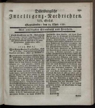 XIX. Stück. Sonnabends: den 12. May 1781.