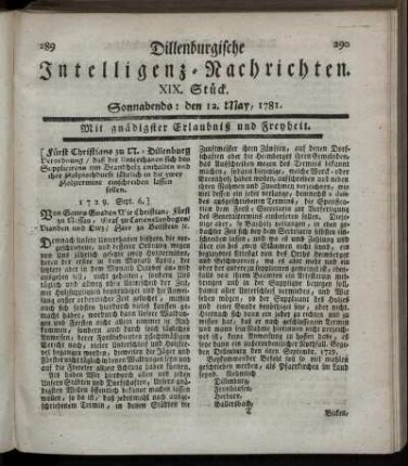 XIX. Stück. Sonnabends: den 12. May 1781.