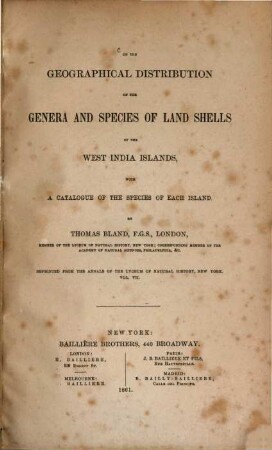 On the geographical distribution of the genera and species of land shells of the West India Islands : with a catalogue of the species of each island