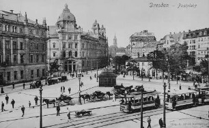 Dresden-Altstadt. Postplatz mit Telegraphen- und Hauptpostamt. Blick nach Südwest in die Annenstraße