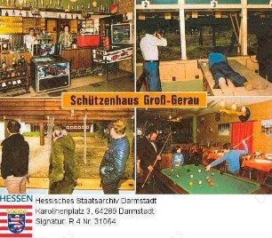 Groß-Gerau, Schützenhaus / Restaurant, Inhaber G. Branca / 4 Innenansichten: Schankraum, Schießstände, Billardtisch
