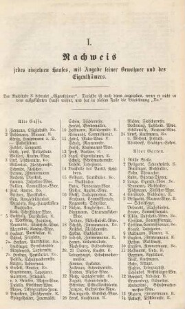 I. Nachweis jedes einzelnen Hauses, mit Angabe seiner Bewohner und des Eigenthümers