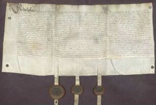 Erbhuldigungsrevers der in das Amt Baden gehörigen Dörfer Oos, Ebersteinburg und Balg gegen die Brüder Markgrafen Philibert von Baden-Baden und Christoph II. von Baden-Rodemachern als deren Leibeigene