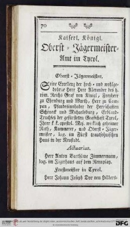 Kaiserl. Königl. Oberst-Jägermeister-Amt im Tyrol