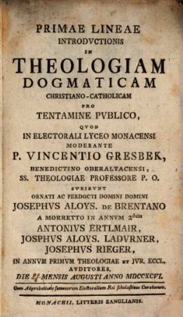 Primae Lineae Introdvctionis In Theologiam Dogmaticam Christiano-Catholicam : Pro Tentamine Pvblico
