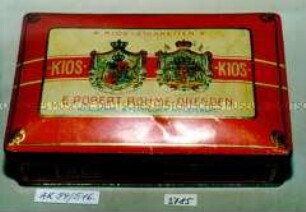 Blechdose für 100? Stück "KIOS-CIGARETTEN E.ROBERT BÖHME, DRESDEN" (Abbildung zweier gekrönter Wappen)