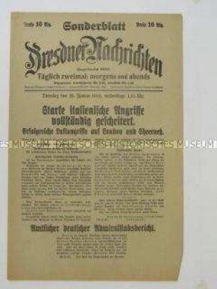 Nachrichtenblatt der Tageszeitung "Dresdner Nachrichten" u.a. über Luftangriffe auf englische Städte