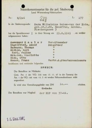 Zeiss-van der Ende, Sara Wilhelmine