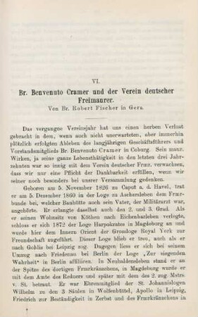 VI. Br. Benvenuto Cramer und der Verein deutscher Freimaurer. Von Br. Robert Fischer in Gera.