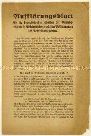 Flugschrift zum Wahlverfahren von Betriebsobleuten in Kleinbetrieben im Zuge der Verabschiedung des Betriebsrätegesetzes 1920