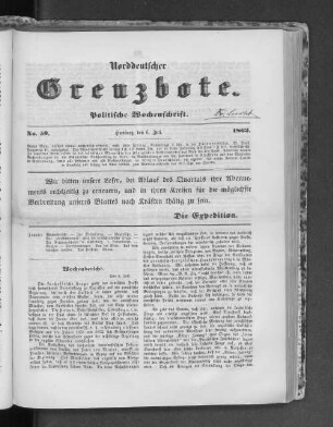 Norddeutscher Grenzbote. Politische Wochenschrift. No. 59 1862.
