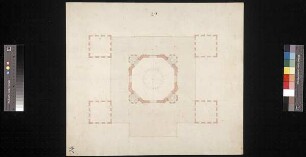 Grundriss eines Obergeschosses eines viertürmigen, quadratischen Schlossneubaues mit Zentralbau (8. Schlossprojekt)