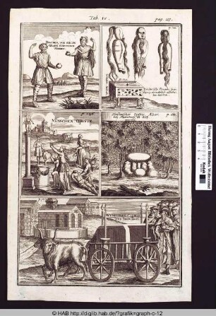 Druiden wie sie im Grabe gefunden wurden; Gözen-Altar; Menschen Opffer; Heydnischer Opfer Altar; Gundhilds Capelle und Begräbnis