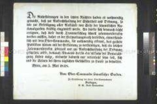 Bekanntmachung des Ober-Kommandos sämtlicher Garden der Stadt Wien über das Signal für die Zusammenrufung; Wien, 5. Mai 1848