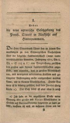 I. Ueber die neue agrarische Gesetzgebung des preuß. Staats in Rücksicht auf Hinterpommern.