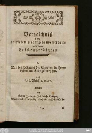 Verzeichniß derer in diesem siebenzehnenden Theile enthaltenen Leichenpredigten