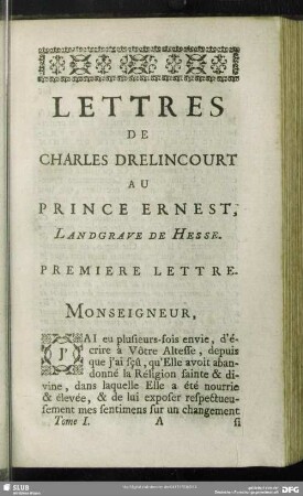 Lettres de Charles Drelincourt au Prince Ernest, Landgrave de Hesse