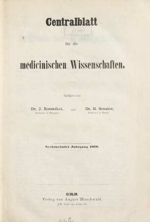 Centralblatt für die medicinischen Wissenschaften. 16, 16. 1878