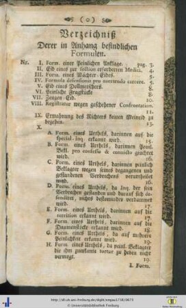 Verzeichniß Derer in Anhang befindlichen Formulen.