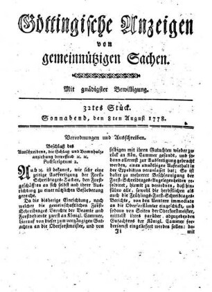 32tes Stück. Sonnabend, den 8ten August 1778.