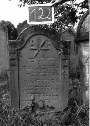 Grabstein 122 (Index: 100103489) Material: Sandstein Zustand: unten abblätternd, verwittert, sonst gut erhalten Maße HxBxT: 109x58x9 cm Beschreibung: Stele, eingezogener Rundbogenabschluss, Schriftfeld eingetieft mit Konvexbogenabschluss, im Bogen Blüte, auf den seitlichen Rahmen geometrisches Ornament Symbolik: Blüte: Grabstein 122
