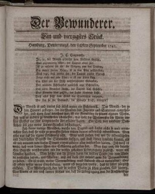 Ein und vierzigstes Stück. Hamburg, Donnerstags, den sechsten September 1742.