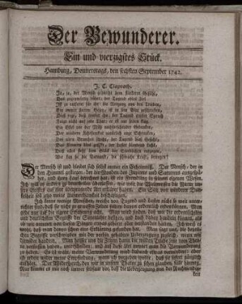 Ein und vierzigstes Stück. Hamburg, Donnerstags, den sechsten September 1742.