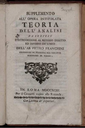 Suppl.: Teoria dell'analisi da servire d'introduzione al metodo diretto ed inverso de'limiti. Suppl.