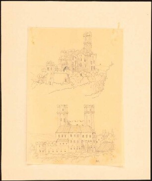 Burg Reichenberg: Durchzeichnung: perspektivische Ansicht der Burgruine von Osten mit abgegangenem linken Turm, perspektivische Ansicht eines Restaurationsentwurfes (?)