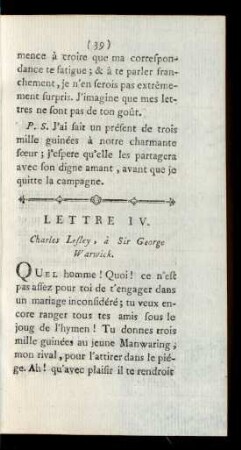 Lettre IV. Charles Lesley, à Sir George Warwick.