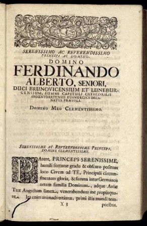Serenissimo Ac Reverendissimo Principi Ac Domino, Domino Ferdinando Alberti, Seniori Duci Brunovicensium Et Luneburgensium [...]