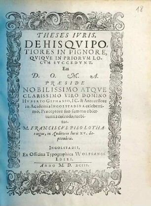 Theses Ivris De His Qvi Potiores In Pignore, Qviqve In Priorvm Locvm Svccedvnt